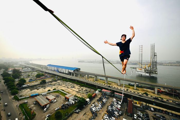 Guinness World Records holder Jaan Roose walks on rope in Lagos