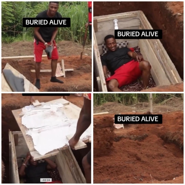 VIDEO: Nigerian man who takes up challenge to be buried alive for 24 hours, gives update